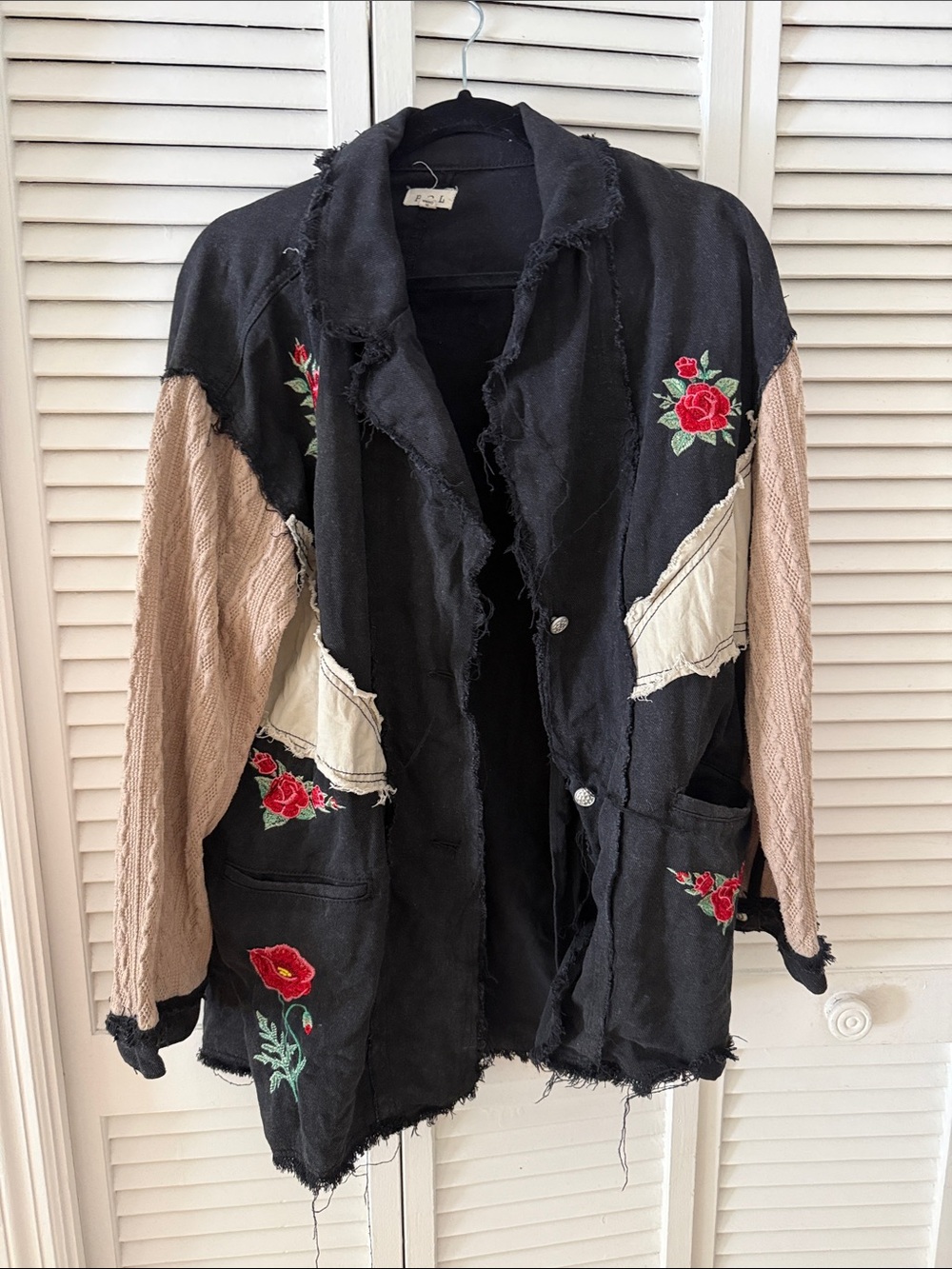 POL Women's Black Embroidered Patchwork Jacket with Beige Sleeves oversized